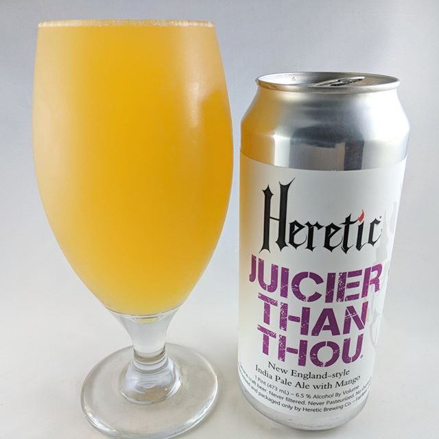 Beer: Juicier Than Thou
Style: IPA
ABV: 6.5%
IBU: –
Hops: ?
———————————–
Brewery: Heretic Brewing Co – Fairfield, CA
Brewery IG: @hereticbrewing
———————————–
Rating: 4.5/5
Notes: Very sweet and tasty. Lots of mango going on here. Very crushable. The beer certainly was unfiltered as there was a pretty hefty residue on the bottom of my glass but that’s not a bad thing.  Can Art: Great font selection and simple but nice design.
———————————–
What do you think about this Juicier Than Thou?