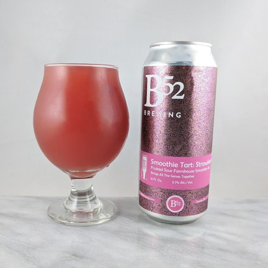 Beer: Smoothie Tart: Strawberry, Mango & Raspberry
Style: Sour
ABV: 5.7%
IBU: –
Hops: ?
———————————–
Brewery: B52 Brewing – Conroe, TX
Brewery IG: @b52brewing
———————————–
Rating: 4.25/5
Notes: I love these super fruity sours. This one is solid. Lots of fruit flavors of strawberry and raspberry.  Didn’t get a ton of mango but it’s easy to be overshadowed by the tart flavors from the other berries.
Can art: Pretty basic but not bad
Drinkage: No date on can
———————————–