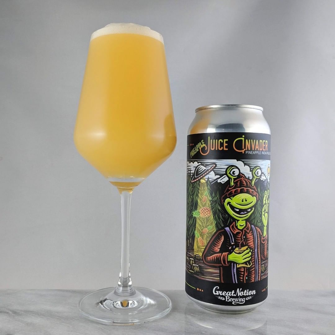 Beer: Pineapple Juice Invader
Style: IPA
ABV: 7%
IBU: –
Hops: Galazy
———————————–
Brewery: Great Notion – Portland, OR
Brewery IG: @greatnotionpdx
———————————–
Rating: 4.75/5
Notes: Awesome hazy. The pineapple flavor rounds it all out and makes this super drinkable. This is great!
Can art: A nice and simple addition to the juice invader label.
Drinkage: 7 days after date on can.
———————————–