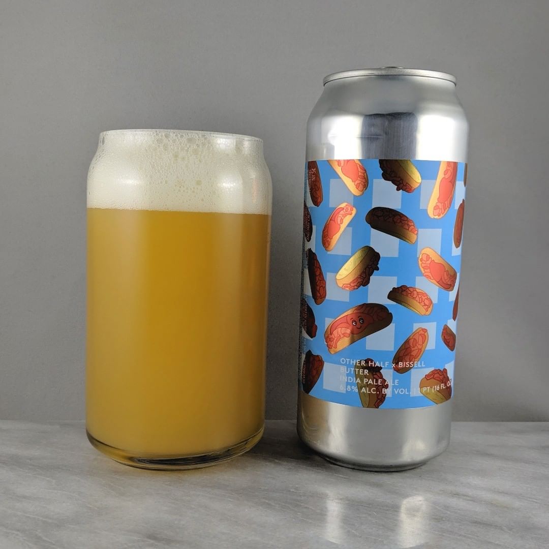 ????: Butter
?????: IPA
???: 6.8%
???: –
????: Citra, Citra Cryo, Nelson Sauvin and Motueka ———————————–
???????: Other Half Brewing Co. – Brooklyn, NY and Bissel Brothers Brewing Co. – Portland, ME
??????? ??: @OtherHalfNYC and @bissellbrothers
———————————–
??????: 4/?
?????: Like butter. Nice and smooth to drink with no bitterness or burn. Not sweet. I dig it 
??? ???:  Funny. The butter and smiling faces are great. 
????????: No date on can but I don’t think this is very fresh.