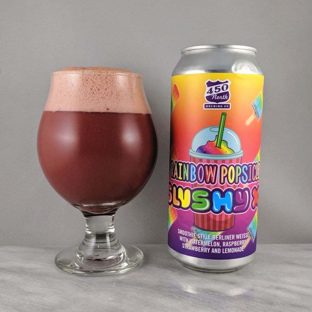 ????: Slushy XL Rainbow Popsicle
?????: Sour
???: 8%
???: –
????: –
———————————–
???????: 450 North Brewing – Columbus, IN
??????? ??: @450northbrewing
———————————–
??????: 4.25/?
?????: What’s not to like in this one? Really good slushy that’s super drinkable. It’s fruity and sweet.  The mixture of fruit works well in this one.
??? ???: Cool Slushy can design. 
????????: No date on can but it’s probably at around 2-3 weeks after canning.