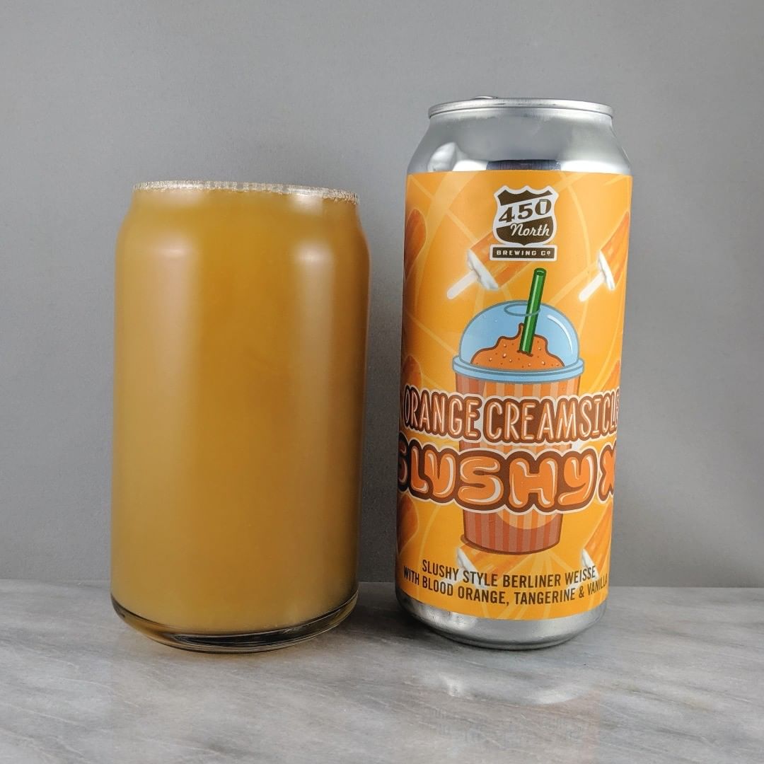 ????: Slushy XL Orange Creamsicle
?????: Sour
???: 8%
???: –
????: –
———————————–
???????: 450 North Brewing – Columbus, IN
??????? ??: @450northbrewing
———————————–
??????: 4.25/?
?????: Right on with the orange creamsicle taste. Sweet and tasty AF. I like it. 
??? ???: Pretty standard Slushy can design. 
????????: No date on can but I know it’s around 7 days after release.