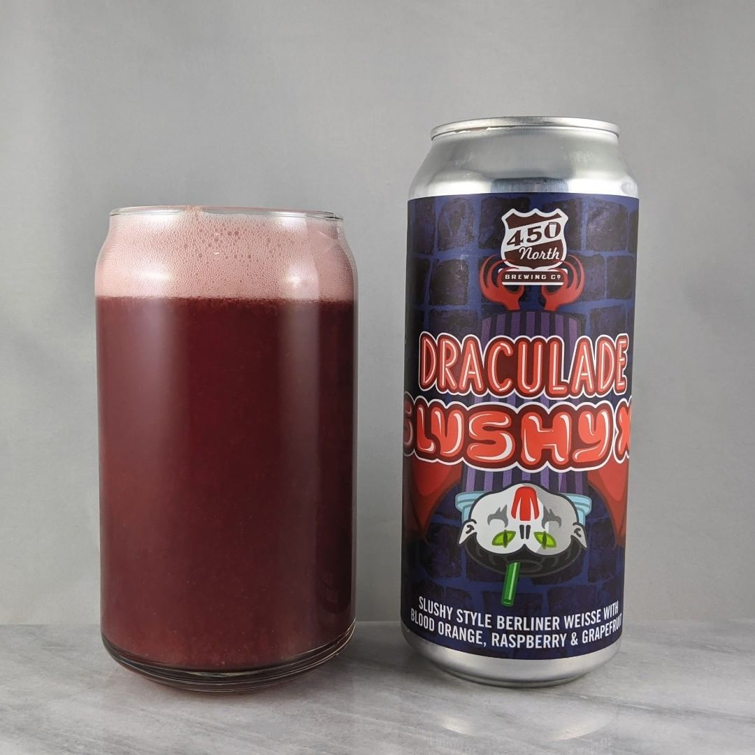 ????: Slushy XL Draculade
?????: Sour
???: 8%
???: –
????: –
———————————–
???????: 450 North Brewing – Columbus, IN
??????? ??: @450northbrewing
———————————–
??????: 4/?
?????: Nice and slushy. A bit more sour than most of the slushys I’ve had. I think that’s the grapefruit coming through. Sweet as expected. 
??? ???: Have to love the upside down slushy. 
????????: No date on can.