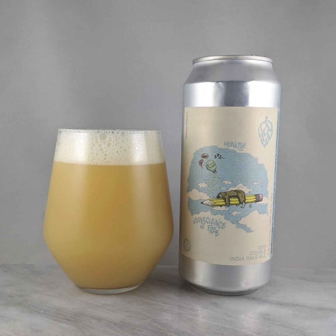 ????: Conscience Be Free
?????: DIPA
???: 8.5%
???: –
????: Galaxy, Nelson, Simco
———————————–
???????: Monkish Brewing Company – Torrance, CA
??????? ??: @monkishbrewing
———————————–
??????: 4.25/?
?????: Nice and creamy hazy here. Not sweet and no bitterness. Easy drinking at 8.5% 
??? ???: That’s awesome. Really cool illustration. 
????????: Pretty late around 38 days after date on can.