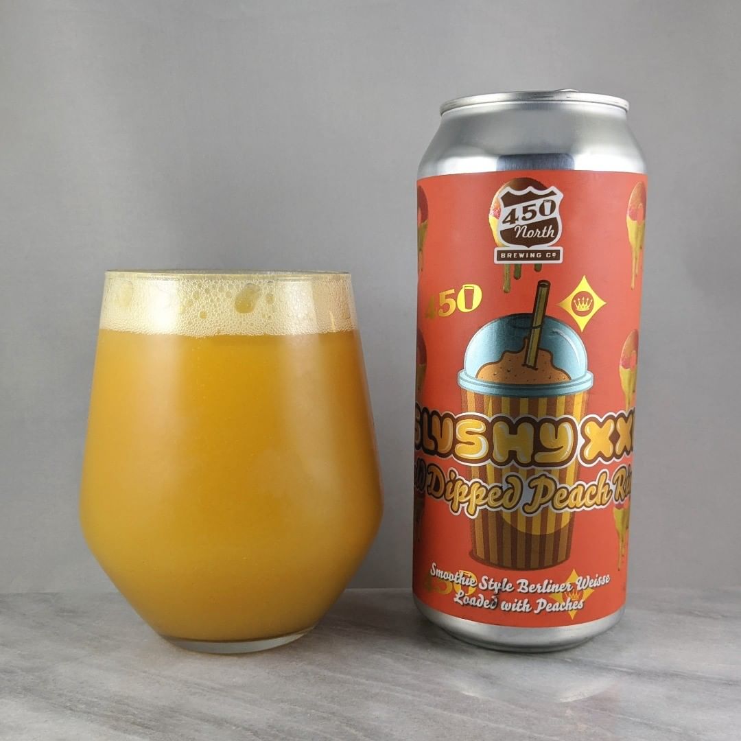 ????: Slushy XXL Gold Dipped Peach Rings
?????: Sour
???: ?
???: –
????: –
———————————–
???????: 450 North Brewing – Columbus, IN
??????? ??: @450northbrewing
———————————–
??????: 4.25/?
?????: Damn that’s a lot of peaches and super thick. I’m all about peaches so I’m 100% down. Sweet and not very tart. 
??? ???: Really cool with the gold on the peaches. I’m looking forward to seeing accurate abvs on the slushys in the future. 
????????: Around 2 weeks after release.