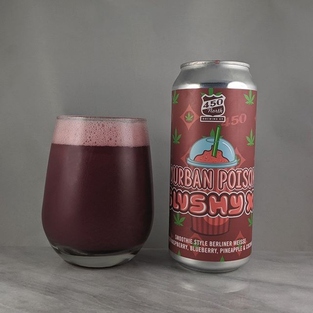 ????: Durban Poison Slushy XL
?????: Sour
???: 6.06%
???: –
????: –
———————————–
???????: 450 North Brewing – Columbus, IN
??????? ??: @450northbrewing
———————————–
??????: 4/?
?????: This fruit juice, I mean beer, is super fruity and bursting with flavor. Not getting a ton of coconut but that’s ok with me. The rest of the fruit make up for it. 
??? ???: A slushy design with pot leaves and named after a good strain so I’m down. 
????????: Around a week after release.  I’m way late to posting this one.